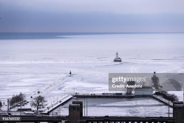 View from the frozen Lake Michigan is seen after the blizzard in Chicago, Illinois, United States on February 10, 2018.