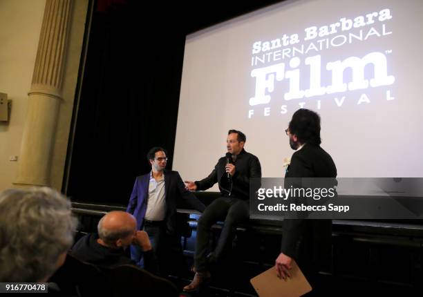 Producer Dan Cogan, director Bryan Fogel and SBIFF executive director Roger Durling speak at a screening of 'Icarus' during The 33rd Santa Barbara...