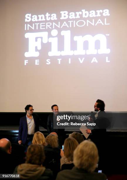 Producer Dan Cogan, director Bryan Fogel and SBIFF executive director Roger Durling speak at a screening of 'Icarus' during The 33rd Santa Barbara...