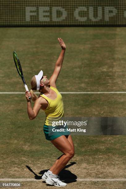 Daria Gavrilova of Australia serves in her singles match against Nadiia Kichenok of Ukraine during the Fed Cup tie between Australia and the Ukraine...