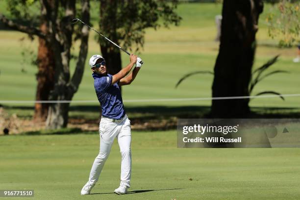 Yi-keun Chang of Korea hits his second shot on the 2nd hole during day four of the World Super 6 at Lake Karrinyup Country Club on February 11, 2018...