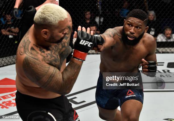 Curtis Blaydes punches Mark Hunt of New Zealand in their heavyweight bout during the UFC 221 event at Perth Arena on February 11, 2018 in Perth,...