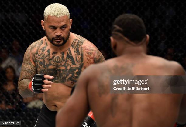 Mark Hunt of New Zealand circles Curtis Blaydes in their heavyweight bout during the UFC 221 event at Perth Arena on February 11, 2018 in Perth,...