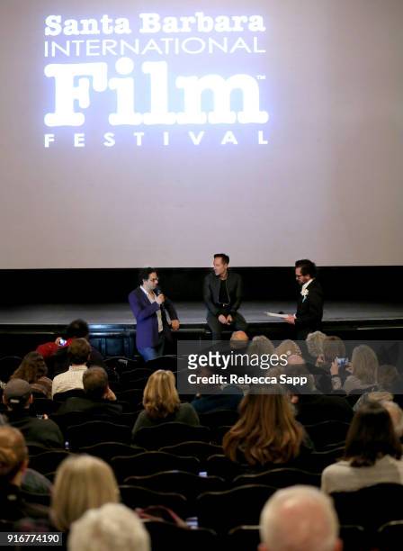 Producer Dan Cogan, director Bryan Fogel and SBIFF executive director Roger Durling speak at a screening of 'Icarus' during The 33rd Santa Barbara...
