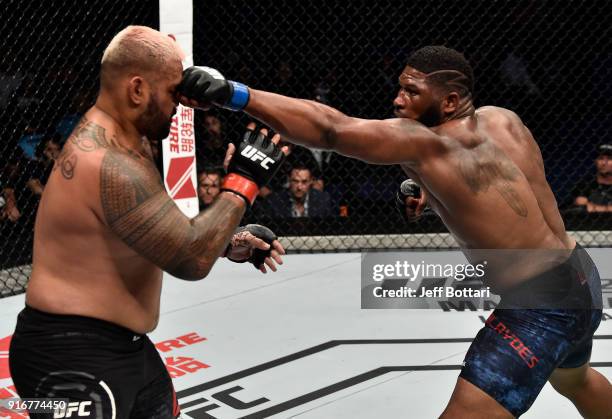 Curtis Blaydes punches Mark Hunt of New Zealand in their heavyweight bout during the UFC 221 event at Perth Arena on February 11, 2018 in Perth,...