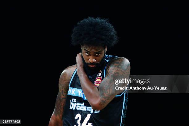 Rakeem Christmas of the Breakers looks on during the round 18 NBL match between the New Zealand Breakers and Melbourne United at Spark Arena on...