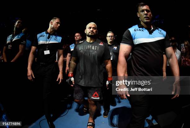 Mark Hunt of New Zealand prepares to enter the Octagon before facing Curtis Blaydes in their heavyweight bout during the UFC 221 event at Perth Arena...
