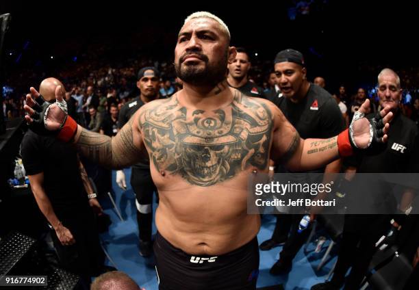 Mark Hunt of New Zealand prepares to enter the Octagon before facing Curtis Blaydes in their heavyweight bout during the UFC 221 event at Perth Arena...