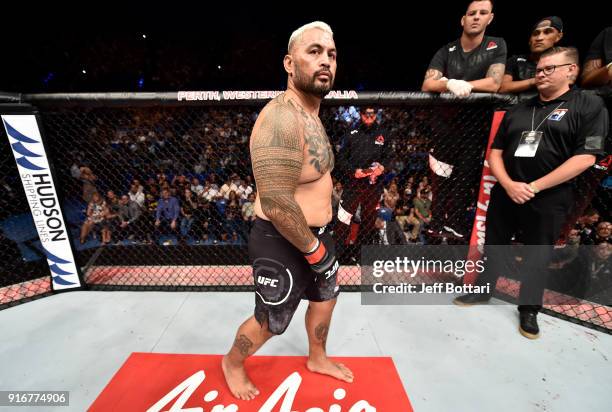 Mark Hunt of New Zealand enters the Octagon before facing Curtis Blaydes in their heavyweight bout during the UFC 221 event at Perth Arena on...