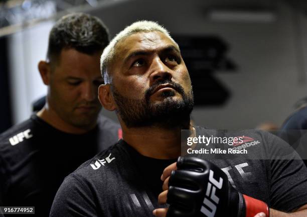 Mark Hunt of New Zealand prepares to enter the Octagon before facing Curtis Blaydes in their heavyweight bout during the UFC 221 event at Perth Arena...