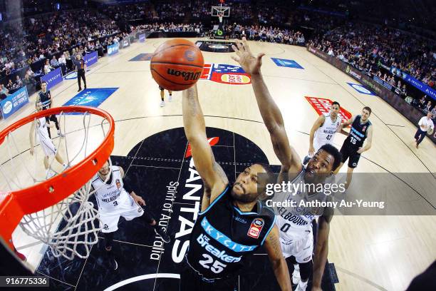 Devonte DJ Newbill of the Breakers dunks on Carrick Felix of United during the round 18 NBL match between the New Zealand Breakers and Melbourne...