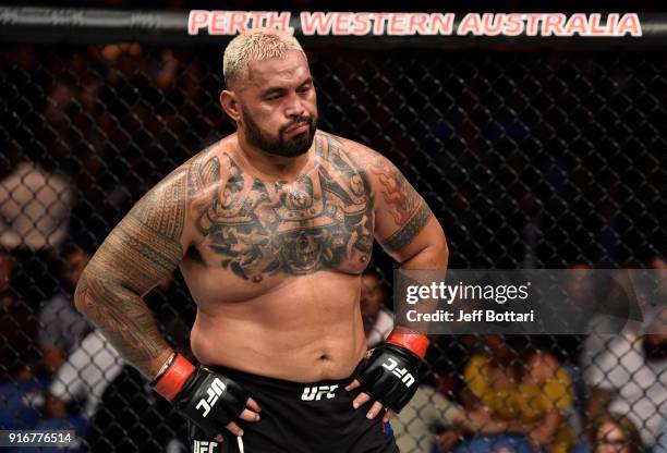 Mark Hunt of New Zealand takes a breath after facing Curtis Blaydes in their heavyweight bout during the UFC 221 event at Perth Arena on February 11,...