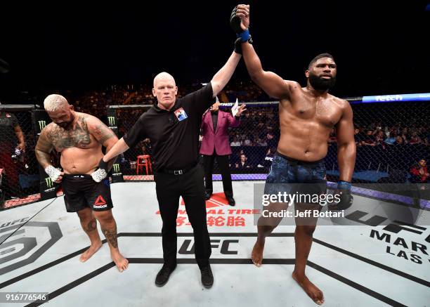 Curtis Blaydes celebrates his victory over Mark Hunt of New Zealand in their heavyweight bout during the UFC 221 event at Perth Arena on February 11,...