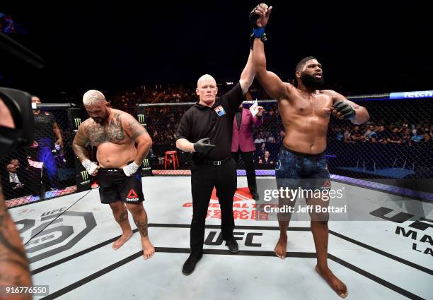 Curtis Blaydes celebrates his victory over Mark Hunt of New Zealand in their heavyweight bout during the UFC 221 event at Perth Arena on February 11,...