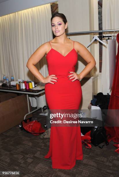 Model Ashley Graham poses backstage for the Christian Siriano fashion show during New York Fashion Week at the Grand Lodge on February 10, 2018 in...