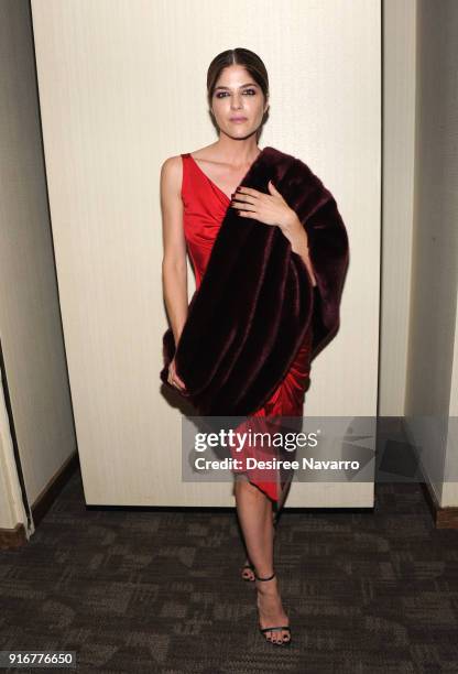 Actress Selma Blair poses backstage for the Christian Siriano fashion show during New York Fashion Week at the Grand Lodge on February 10, 2018 in...
