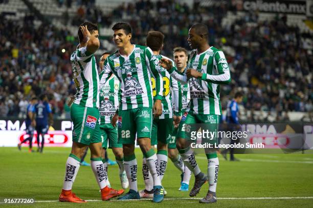 Andres Andrade of Leon celebrates with teammates after scoring the second goal of his team during the 6th round match between Leon and Puebla as part...