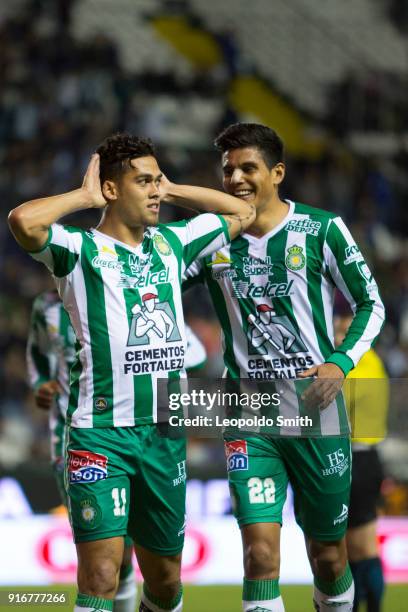 Andres Andrade of Leon celebrates with teammates after scoring the second goal of his team during the 6th round match between Leon and Puebla as part...