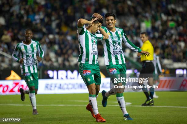 Andres Andrade of Leon celebrates with teammates after scoring the second goal of his team during the 6th round match between Leon and Puebla as part...