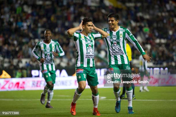 Andres Andrade of Leon celebrates with teammates after scoring the second goal of his team during the 6th round match between Leon and Puebla as part...