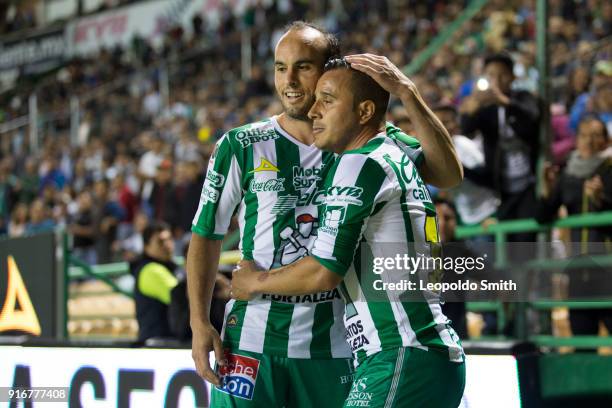 Landon Donovan and Luis Montes of Leon celebrate after winning the 6th round match between Leon and Puebla as part of the Torneo Clausura 2018 Liga...