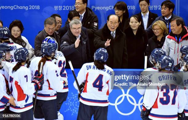 South Korean President Moon Jae-in, IOC President Thomas Bach, president of the Presidium of the Supreme People's Assembly of North Korea Kim Yong...