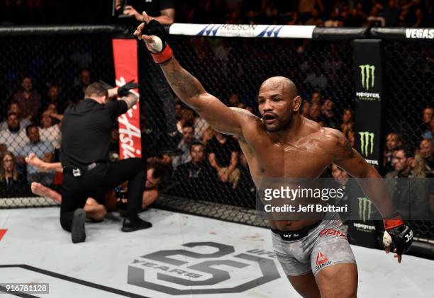 Yoel Romero of Cuba celebrates his knockout victory over Luke Rockhold in their interim middleweight title bout during the UFC 221 event at Perth...