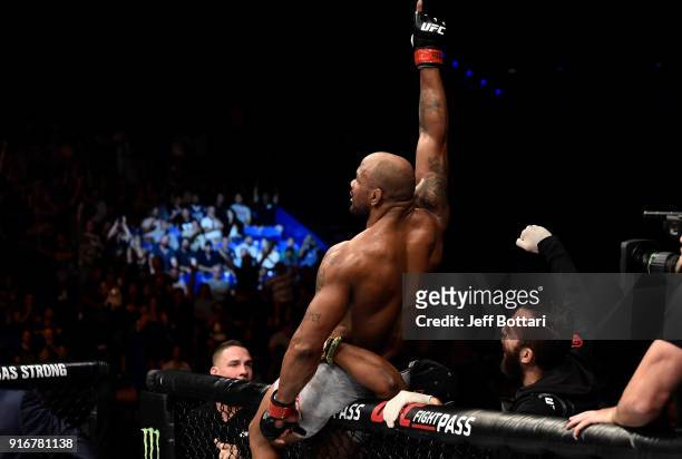 Yoel Romero of Cuba celebrates his knockout victory over Luke Rockhold in their interim middleweight title bout during the UFC 221 event at Perth...