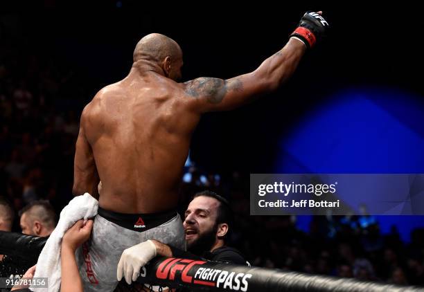 Yoel Romero of Cuba celebrates his knockout victory over Luke Rockhold in their interim middleweight title bout during the UFC 221 event at Perth...