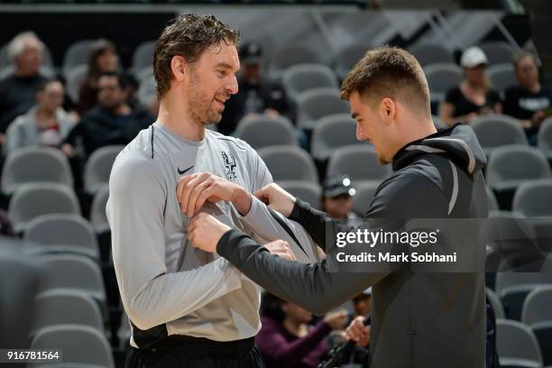 Pau Gasol of the San Antonio Spurs and Juan Hernangomez of the Denver Nuggets are seen before the game on January 30, 2018 at the AT&T Center in San...