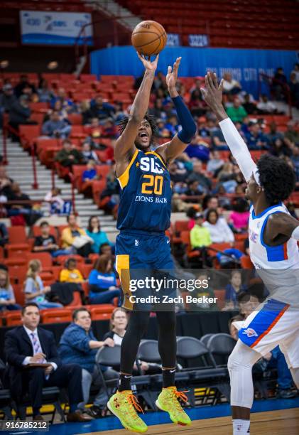 Diamond Stone of the Salt Lake City Stars shoots the ball against the Oklahoma City Blue on February 10, 2018 at the Cox Convention Center Arena in...