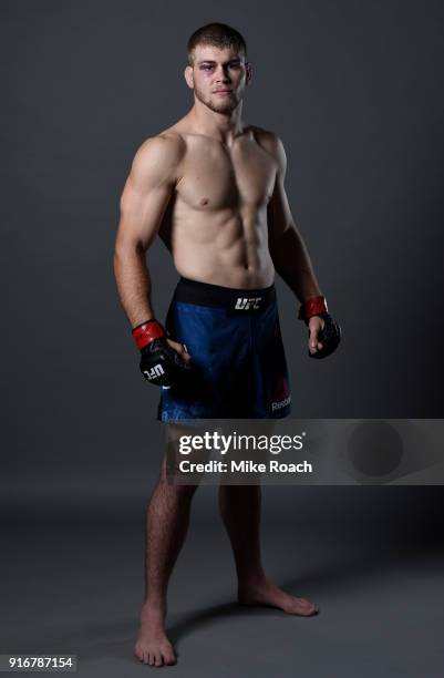 Jake Matthews of Australia poses for a post fight portrait backstage during the UFC 221 event at Perth Arena on February 11, 2018 in Perth, Australia.