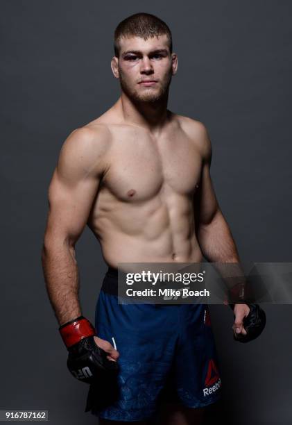 Jake Matthews of Australia poses for a post fight portrait backstage during the UFC 221 event at Perth Arena on February 11, 2018 in Perth, Australia.