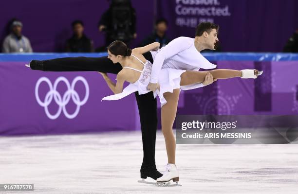 Russia's Natalia Zabiiako and Russia's Alexander Enbert compete in the figure skating team event pair skating free skating during the Pyeongchang...