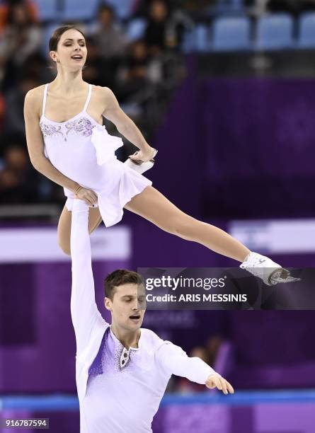 Russia's Natalia Zabiiako and Russia's Alexander Enbert compete in the figure skating team event pair skating free skating during the Pyeongchang...