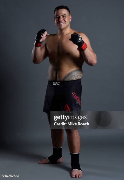 Tai Tuivasa of Australia poses for a post fight portrait backstage during the UFC 221 event at Perth Arena on February 11, 2018 in Perth, Australia.