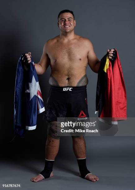 Tai Tuivasa of Australia poses for a post fight portrait backstage during the UFC 221 event at Perth Arena on February 11, 2018 in Perth, Australia.