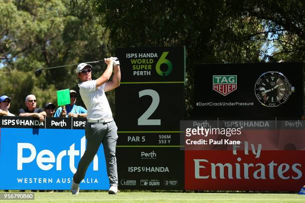 Sam Horsfield of England plays his tee shot on the on the 2nd hole in the semi final match against James Nitties of Australia during day four of the...