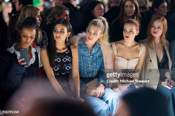 Maya Jama, Victoria Justice, Devon Windsor, Madeline Brewer and Madelaine Petsch attend the Jonathan Simkhai fashion show during New York Fashion...