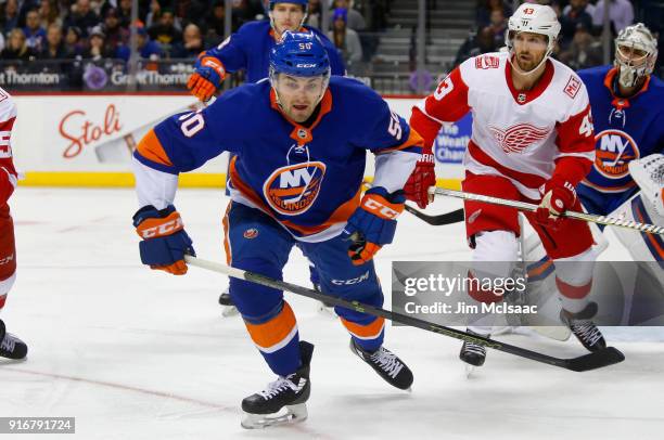 Adam Pelech of the New York Islanders in action against the Detroit Red Wings at Barclays Center on February 9, 2018 in New York City. The Islanders...