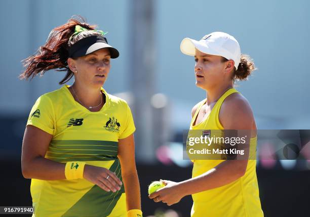 Ashleigh Barty and Casey Dellacqua of Australia play in the doubles match against Lyudmyla Kichenok and Nadiia Kichenok of Ukraine during the Fed Cup...