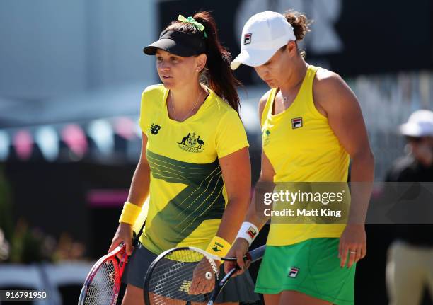 Ashleigh Barty and Casey Dellacqua of Australia play in the doubles match against Lyudmyla Kichenok and Nadiia Kichenok of Ukraine during the Fed Cup...