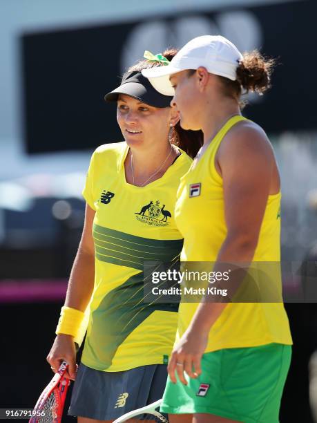 Ashleigh Barty and Casey Dellacqua of Australia play in the doubles match against Lyudmyla Kichenok and Nadiia Kichenok of Ukraine during the Fed Cup...