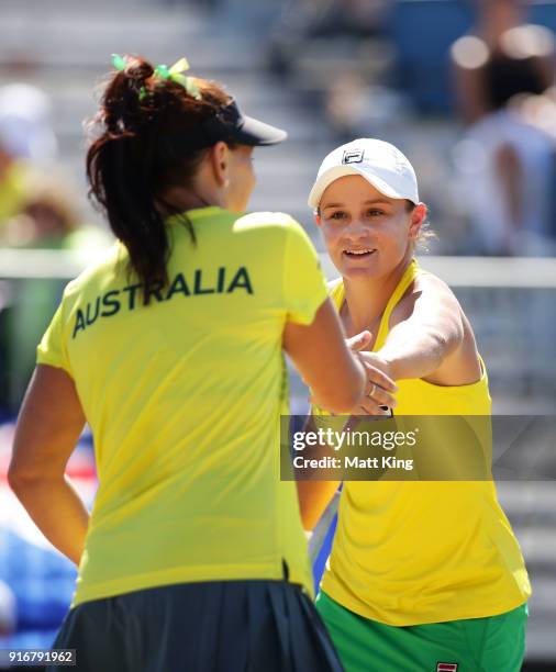 Ashleigh Barty and Casey Dellacqua of Australia play in the doubles match against Lyudmyla Kichenok and Nadiia Kichenok of Ukraine during the Fed Cup...