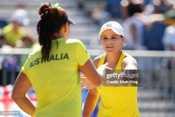 Ashleigh Barty and Casey Dellacqua of Australia play in the doubles match against Lyudmyla Kichenok and Nadiia Kichenok of Ukraine during the Fed Cup...