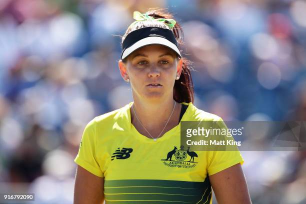 Casey Dellacqua of Australia looks on partnering with Ashleigh Barty in the doubles match against Lyudmyla Kichenok and Nadiia Kichenok of Ukraine...