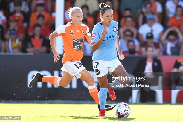 Kyah Simon of Melbourne City dribbles the ball during the W-League Semi Final match between the Brisbane Roar and Melbourne City at Perry Park on...