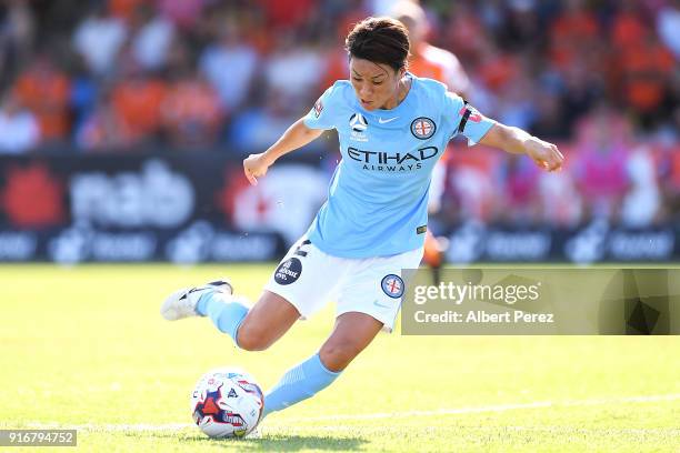 Yukari Kinga of Melbourne City kicks the ball during the W-League Semi Final match between the Brisbane Roar and Melbourne City at Perry Park on...