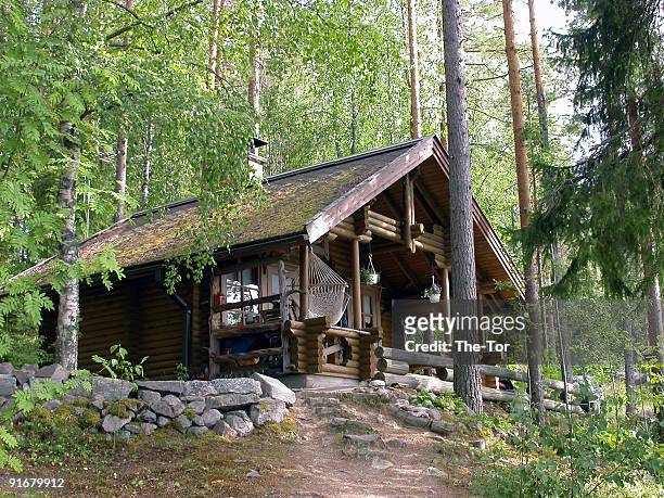 a pretty log cabin in the woods - hut 個照片及圖片檔