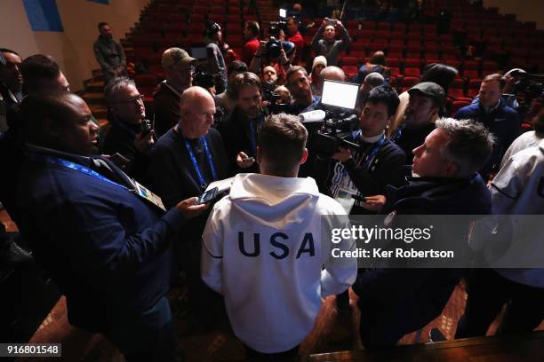 United States Freestyle skier Gus Kenworthy answers questions at a press conference at the Main Press Centre during the PyeongChang 2018 Winter...